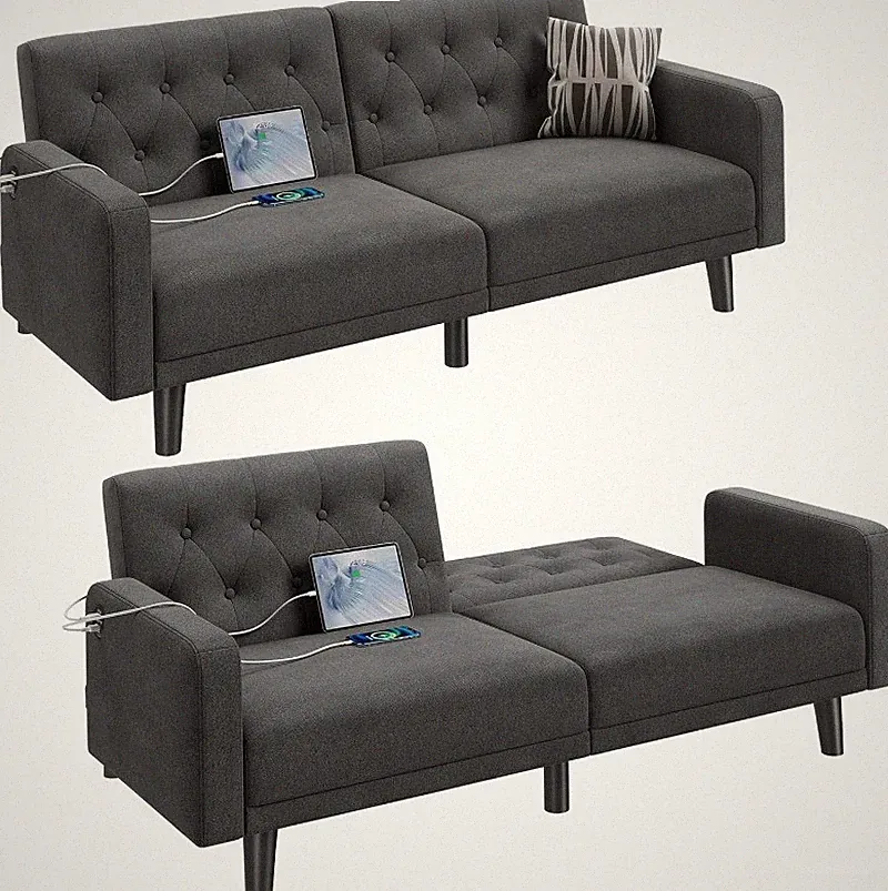 63” Convertible Couch Sofa Bed 2 USB Reclining Futon Sleeper Adjustable Backrest