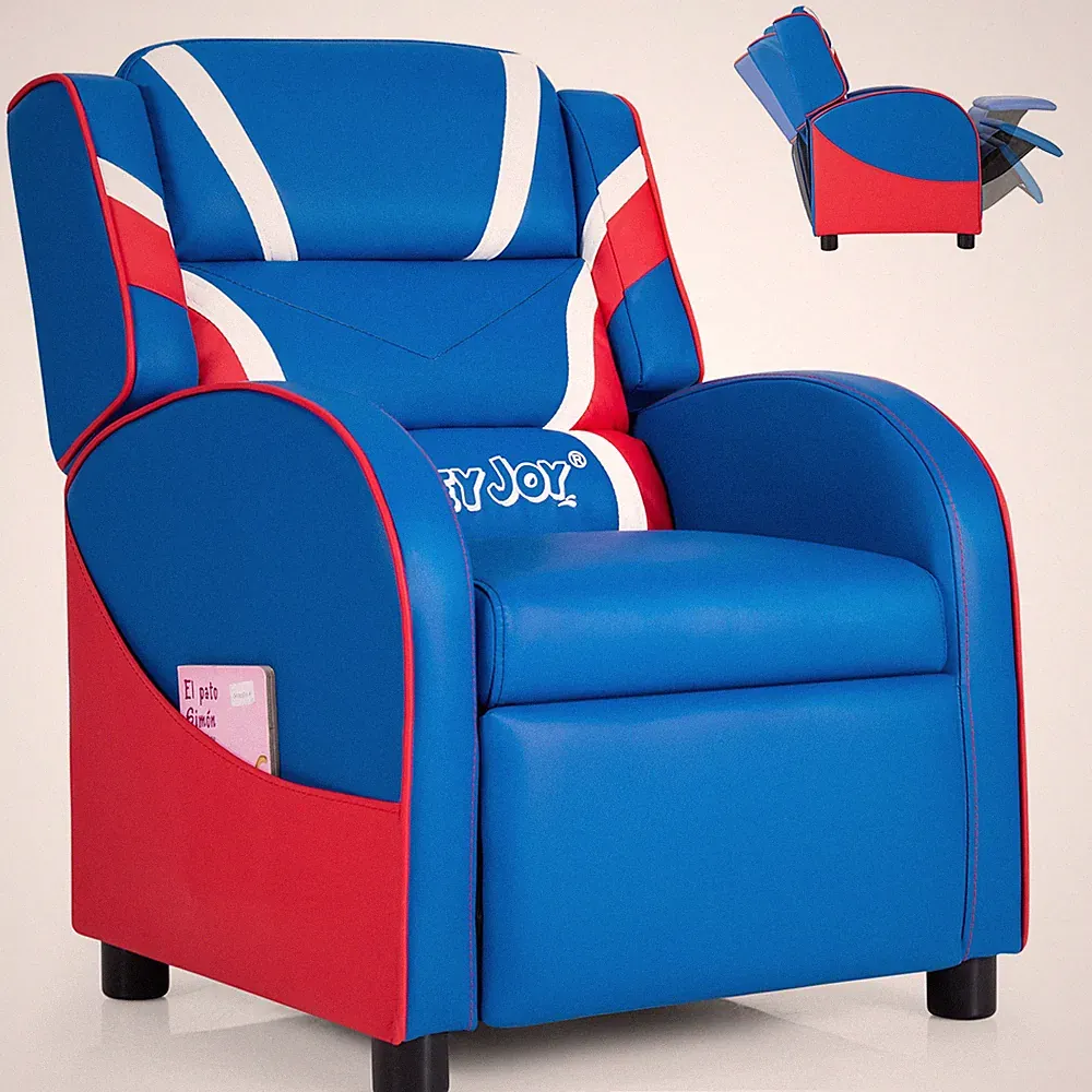 Costway Kids Recliner Chair Gaming Sofa PU Leather Armchair w/Side Pockets Blue