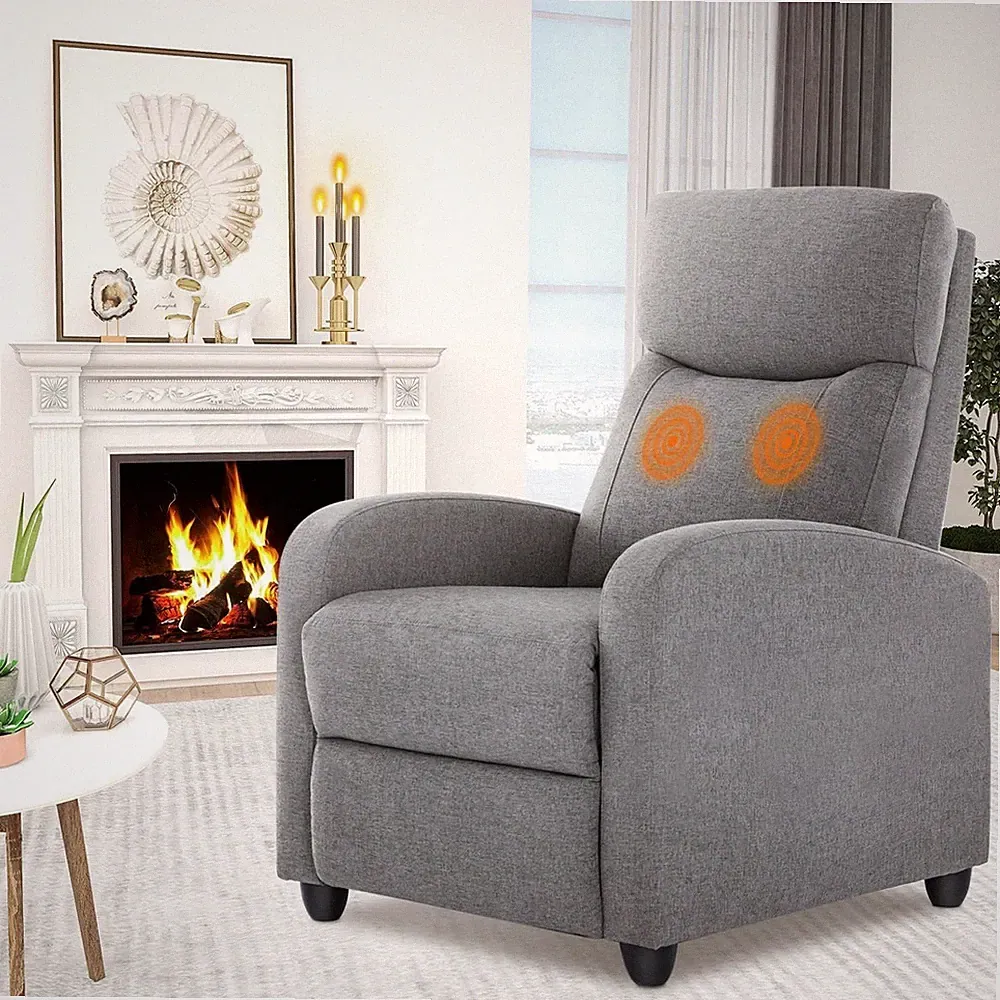 Gray Fabric Recliner Chair. Living Room & Home Theater. Massage Function