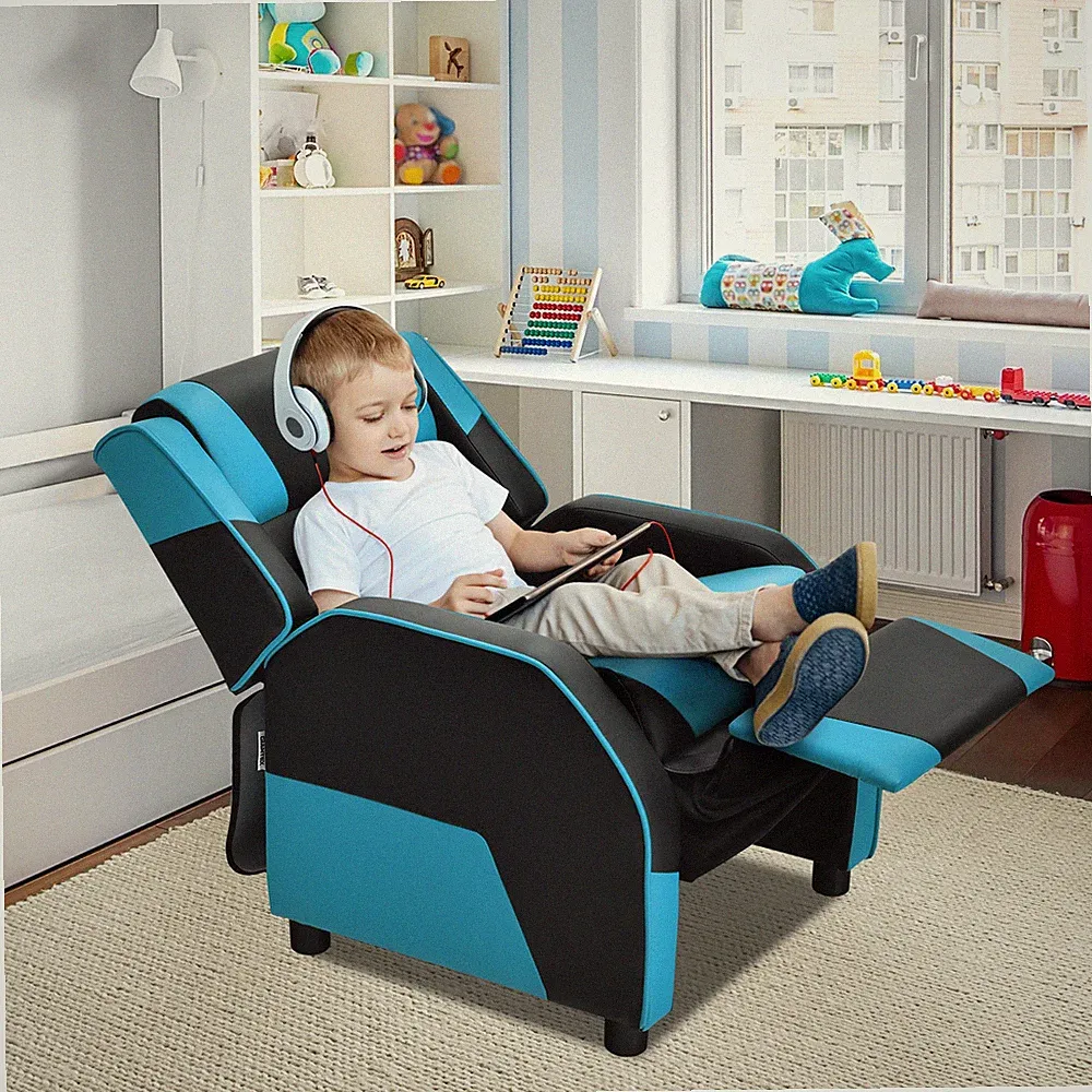 Kids Youth Gaming Sofa Recliner w/Headrest & Footrest PU Leather Blue