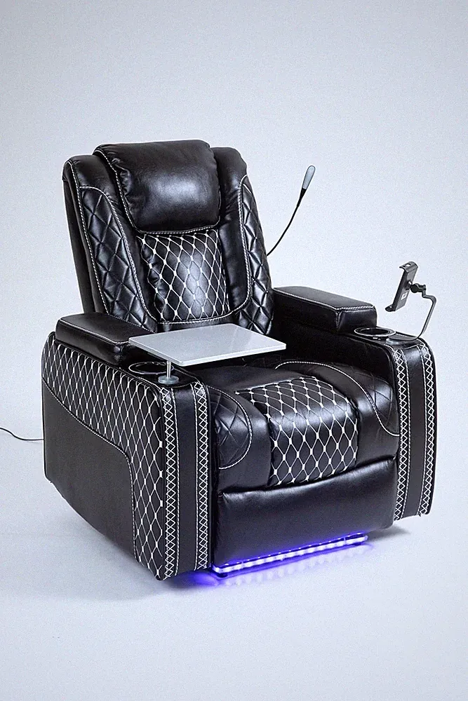Luxury Power Recliner Chair with Cup Holder & Storage - Black Leather