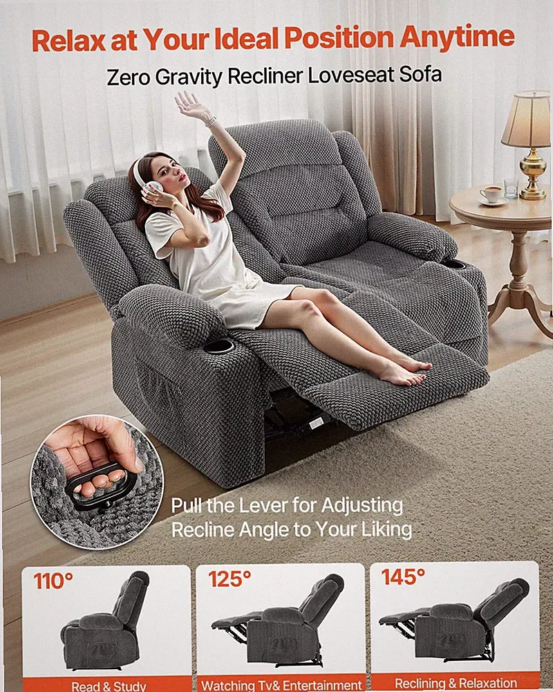 Manual Loveseat Recliner Heat Massage USB Cup Holders Grey